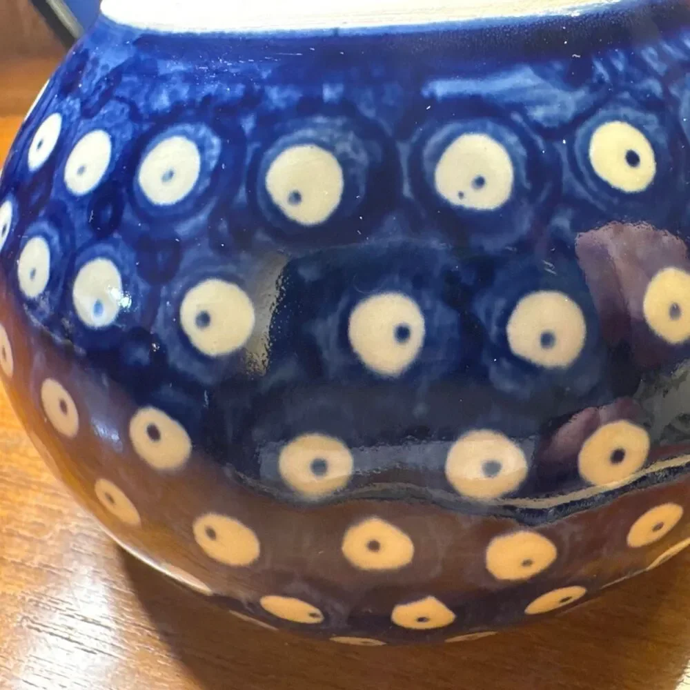 Polish Pottery Bowl Dark Blue and White Dots